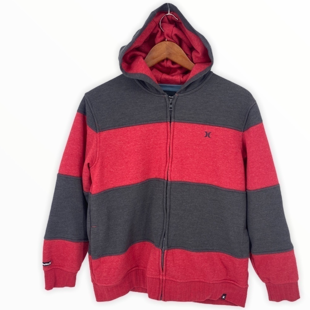 Hurley Full Zip Hoodie Sweatshirt Red Gray Jacket Boys L